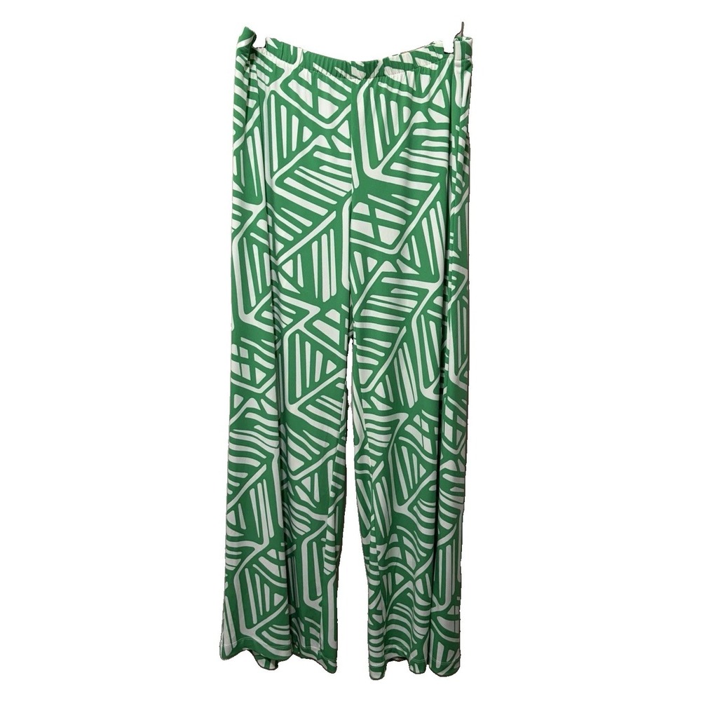 Chicos Travelers Womens 2 Green Geometric Wide Leg Pull On Palazzo Pants Stretch - Picture 2 of 8